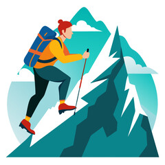 Obraz premium A Determined Hiker Ascends a Jagged Mountain Peak with Backpack and Trekking Pole Set Against a Backdrop of Turquoise Mountains and Clouds Representing Adventure and