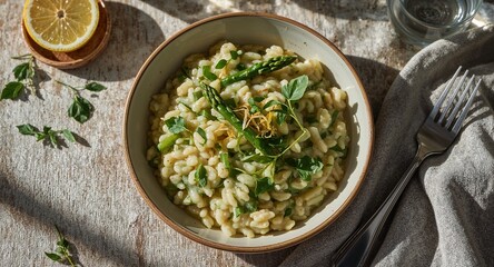 A bowl of orzo pasta with asparagus and herbs next to a lemon slice and a fork on a table