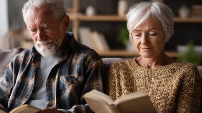 Senior couple reading books together on a cozy sofa, surrounded by warm lighting and a modern interior, enjoying a peaceful moment of connection and relaxation
