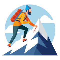 Illustrated Mountain Climber Ascending a Peak with Backpack and Ice Axe Set Against a Light Blue Sky and Cloud Background Representing Adventure and Determination stylized