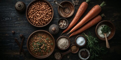 Overhead shot of rustic wooden table with bowls of food and carrots arranged artistically on surface