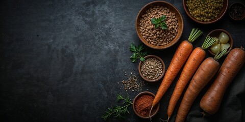 A dark backdrop featuring carrots lentils and other ingredients in wooden bowls for food preparation