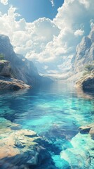 Turquoise Lake Surrounded by Mountains with Cloudy Sky