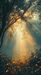 Sunlight Streaming Through Trees in Misty Forest with Wildflowers