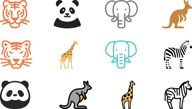Captivating collection of wild animal icons featuring tigers, pandas, elephants, kangaroos, giraffes, and zebras, representing global wildlife diversity.