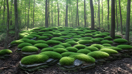 A ground covered with bright green moss clumps in a forest.