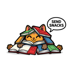 Cute Cartoon Cat Buried Under Books with 