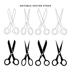 Collection of black scissors icons set in both fill and outline style. scissor silhouette icons. Editable vector stock