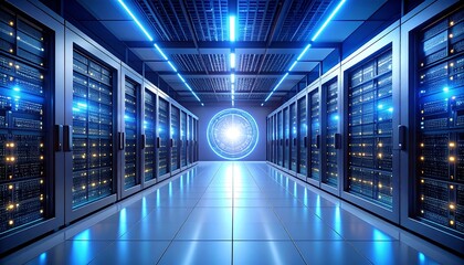 Futuristic Data Center Server Room with Blue Neon Lights and Glowing Orb