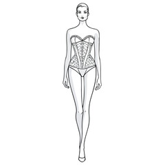 Front and side view illustration of a female figure in lingerie showing a balanced and minimal fashion template