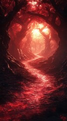 Walking Path Through Glowing Red Forest with Light at the End