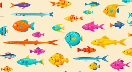 Vector Pattern Colorful Fish Illustration with Organic Shapes in Modern Style