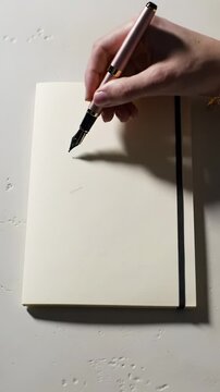 Exquisite overhead close-up video of an elegant hand holding a high-quality fountain pen poised over a minimalist notebook with cream pages, making a precise mark on a bright matte surface, evoking