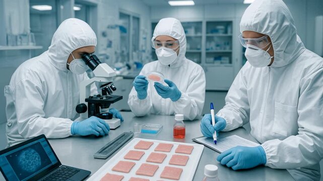 Three scientists in cleanroom suits analyzing synthetic tissue samples in sterile laboratory with microscope and digital data. Concept of bioengineering, lab-grown materials, and future medical or foo