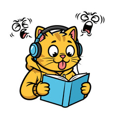 Cartoon Cat with Headphones Reading Book Annoyed by Noises - Vector Illustration