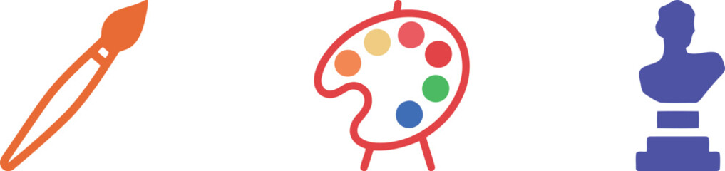 Artistic and creative icons including a paintbrush, paint palette, and bust statue, symbolizing art, creativity, painting, sculpture, and aesthetic expression.