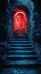 Stone Stairway Ascending Through Archway with Red Light