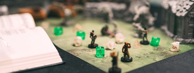 Fototapeta premium Role playing tabletop board game concept dice roll adventure in dungeon story old school gamer turn based rpg