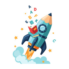 Naklejka premium Creative Rocket Made of Pencil Flying with Books and Floating Alphabet Letters