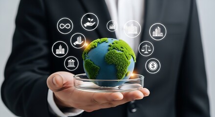 Sustainable Business Growth: Businessman Holding Earth Globe with Green Finance, Eco Development and Global Economy Icons