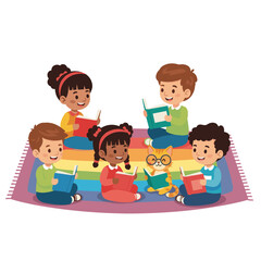 Diverse Children and Cute Cat Reading Books Together on Rainbow Blanket