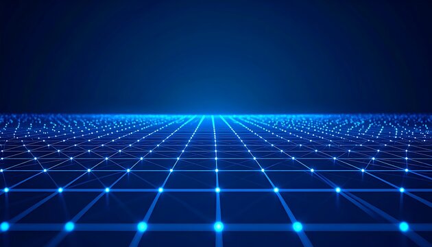 Digital Grid Pattern with Glowing Blue Spheres Creating an Abstract Futuristic Background Perspective