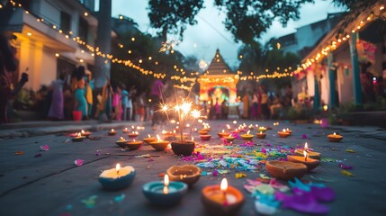 Festive Diwali celebration filled with lights, candles, and colorful decorations creating a vibrant atmosphere in a lively courtyard