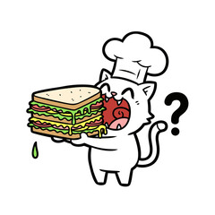 Amused Cartoon Cat Chef Eating Giant Sandwich with Question Mark