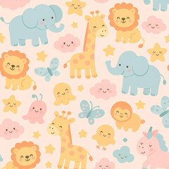 Fototapeta premium Cute Pastel Cartoon Animal Illustration Repeating Pattern for Textile Print