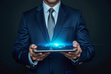 Businessman holding tablet with blue glowing effect in dark background