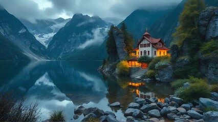 Alpine castle on a hill overlooking a serene lake with dramatic sky and nature views, perfect for a mysterious Halloween landscape or a summer European travel destination