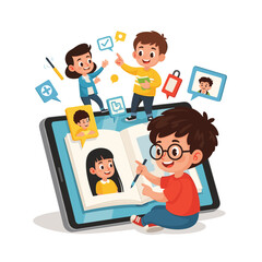 Happy cartoon children collaborating around a large tablet displaying an open book, symbolizing group learning, digital education, and teamwork.