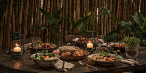 A dinner table setting with various dishes lit by lanterns in a rustic environment indoors
