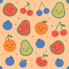 Whimsical Handdrawn Smiling Fruit Repeat Pattern for Textile Design