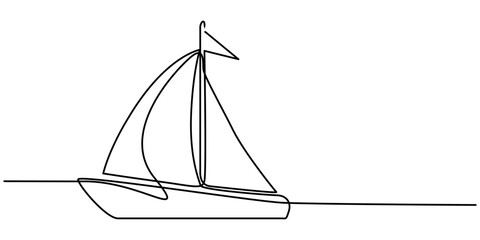 continuous one line drawing of sailboat. one line vector icon of ship, sailboat. vector illustration, Single line continuous drawing of sailboat or yacht one line drawing outline vector. 