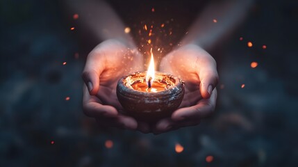 Close-up of two young women's hands gently holding a diya during Diwali celebrations at night in a festive atmosphere