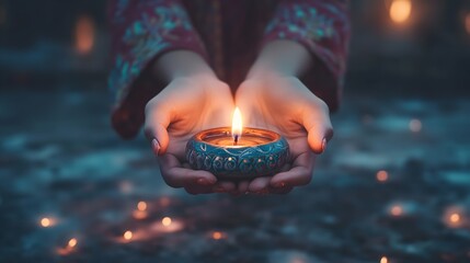 Two young women hold a traditional diya during the Diwali festival celebrating light and joy at night