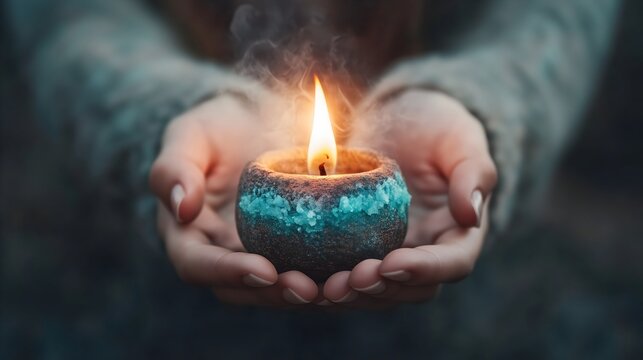 Celebrating Diwali with close-up of young women's hands holding a lit diya during the festival of lights