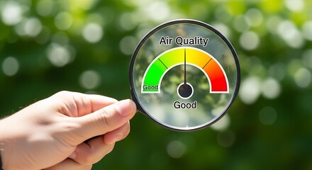 Air Quality Check: Magnifying Glass Examining Green Environment, Good Air Quality Index, Environmental Health, Nature Observation