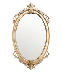 Elegant oval shaped decorative mirror with ornate gold frame on transparent background