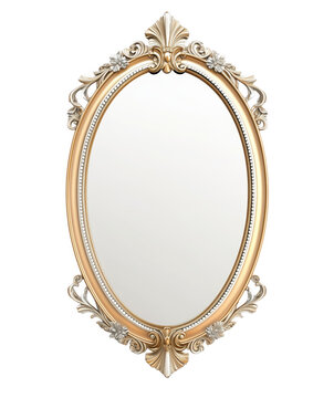 Elegant oval shaped decorative mirror with ornate gold frame on transparent background