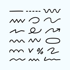 Collection of hand-drawn marker strokes, underlines, and abstract doodle elements.