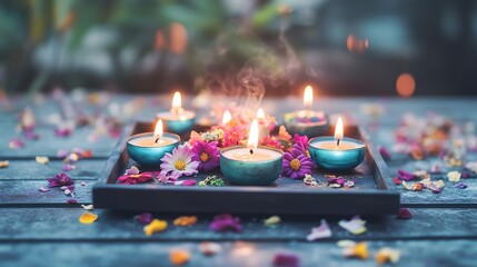 Celebrating Diwali with a traditional Indian Arti tray filled with lit tea lights and vibrant flowers