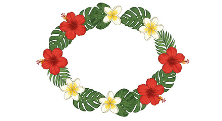Tropical Floral Frame with Red Hibiscus and Green Monstera Leaves