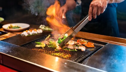 chefs hands with spatula over teppanyaki cooking vegetables meat and seafood on hot hibachi grill table traditional japanese cuisine teppan show with flambe