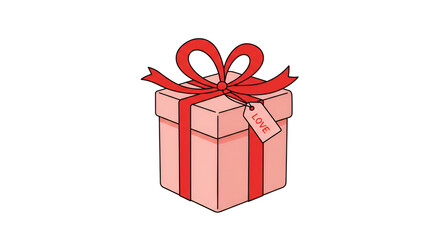 Wrapped Pink Gift Box with Red Ribbon on White Background
