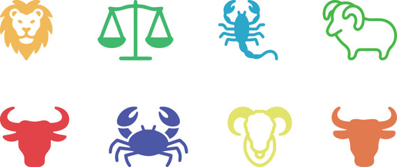 Astrological zodiac sign icons featuring Leo, Libra, Scorpio, Aries, Taurus, Cancer, and Ram, representing horoscopes and celestial symbols. © cheng