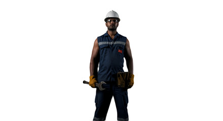 Isolated Photo Of A Confident Man Worker Holding Tools On Transparent Background