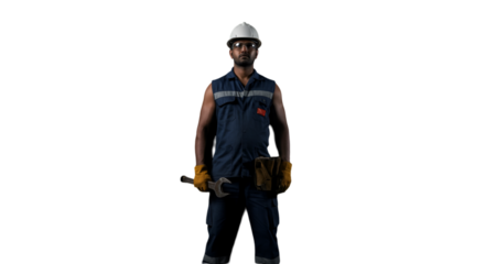 Isolated Photo Of A Confident Man Worker Holding Tools On Transparent Background