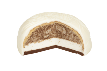 a chocolate and white cake with a bite taken out of it